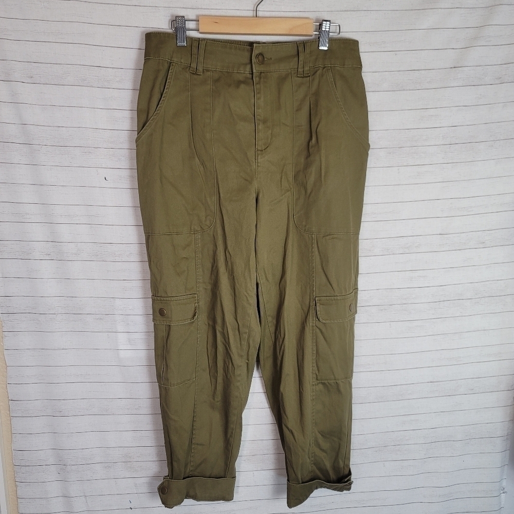 KNOX ROSE CUFFED OLIVE GREEN CARGO PANTS W ELASTIC WAIST BAND, SZ MEDIUM